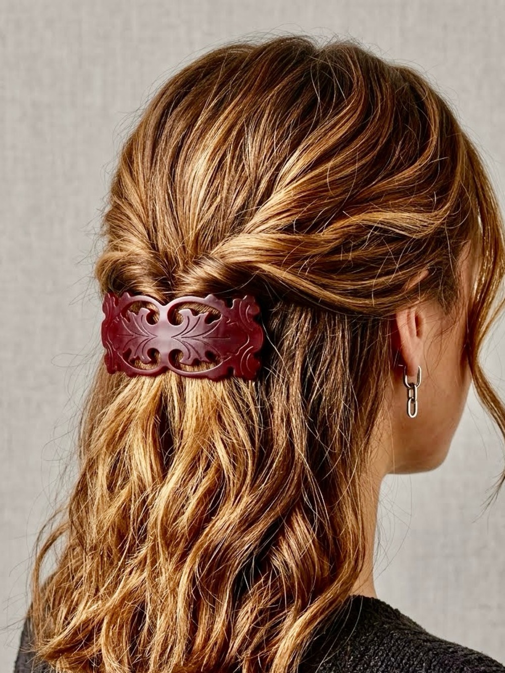 Vintage Laurent Olivier Carved Filigree Leaf Motif Hair Barrette in Deep Plum